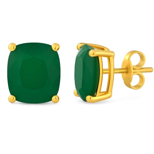 Women's 18K Gold Plated 8x10mm Princess Cut Gemstone Stud Earrings – Birthstone Jewelry for Her – Classic Cushion Studs - color: Green Onyx