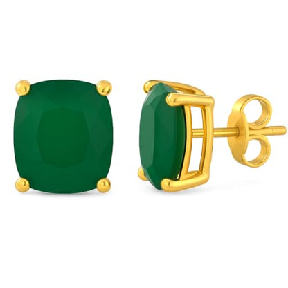 Women's 18K Gold Plated 8x10mm Princess Cut Gemstone Stud Earrings – Birthstone Jewelry for Her – Classic Cushion Studs - color: Green Onyx