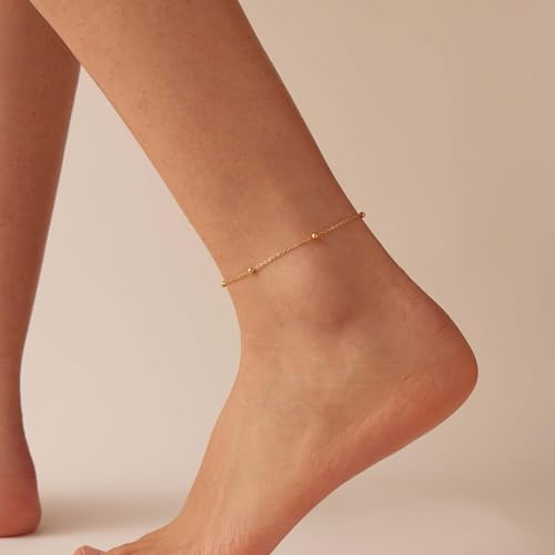 Dainty Ankle Bracelets for Women 18K Gold Plated Waterproof | Satellite Beaded Herringbone Lip Chain Anklets Simple Minimalist Summer Beach Foot Jewelry, Gift Box Included - color: Bead Chain -Gold