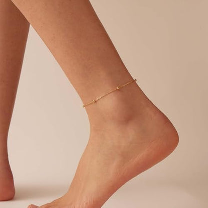 Dainty Ankle Bracelets for Women 18K Gold Plated Waterproof | Satellite Beaded Herringbone Lip Chain Anklets Simple Minimalist Summer Beach Foot Jewelry, Gift Box Included - color: Bead Chain -Gold