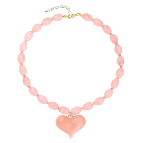 Chunky Beaded Necklaces for Women Trendy Colorful Acrylic Bead Statement Necklace Puffy Heart Pendent Necklaces for Women Boho Fashion Jewelry - color: D-light pink