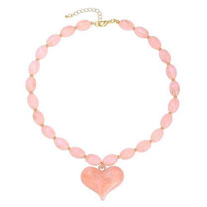 Chunky Beaded Necklaces for Women Trendy Colorful Acrylic Bead Statement Necklace Puffy Heart Pendent Necklaces for Women Boho Fashion Jewelry - color: D-light pink