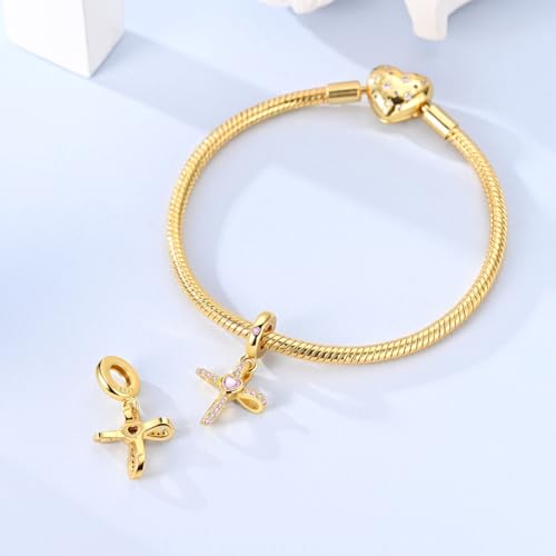 14K Gold Plated Charms for Bracelets Necklace Star Moon Cross Beads Woman | 925 Sterling Silver Charms Butterfly Cute Cat Dog Evil Eye Lucky Bracelet Beads Aesthetic Peandant Jewelry Gift for Mom - color: gold cross