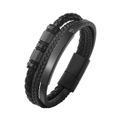 Italian Handmade Leather Bracelets for Men - color: Pure Black, size: 8.2"