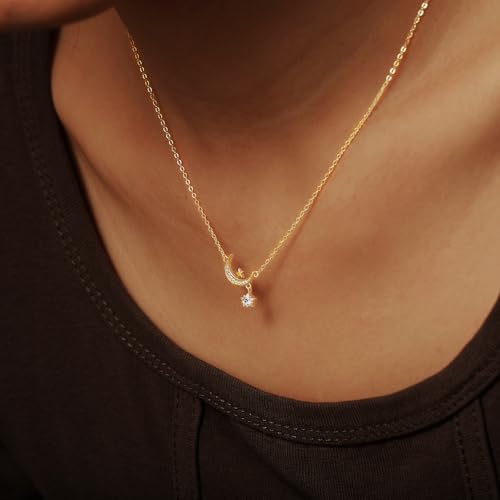925 Sterling Silver Dainty Moon Star Necklaces for Women Daughter Mom | Moon Pendant Necklaces Trendy Non Tarnish 14K Gold Plated Cute Star CZ Charm Chain Jewish Birthday Wedding Gifts Jewelry - color: Gold