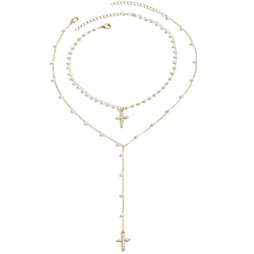 Layered Pearl Beaded Cross Necklace Minimalistic Dainty Gold Pendant Set with Crystal Cross Charm Christian Jewelry Gift for Women