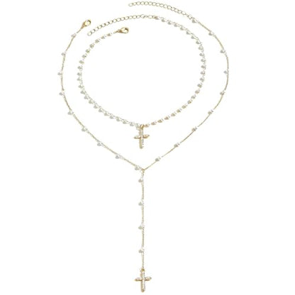 Layered Pearl Beaded Cross Necklace Minimalistic Dainty Gold Pendant Set with Crystal Cross Charm Christian Jewelry Gift for Women
