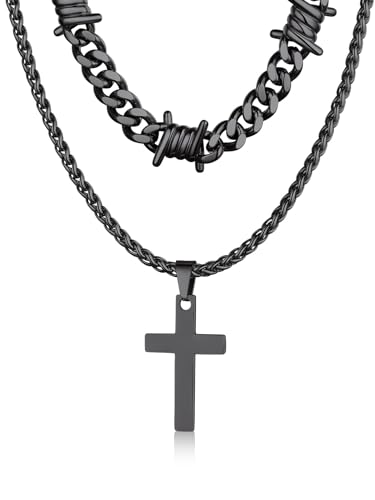 Bandmax Stainless Steel Barbed Wire Cuban Chain Necklace for Men & Women | Edgy Fierce Design, Waterproof & Tarnish Resistant, Silver/Black Tone, 5/7/9/12MM, 16-22 Inches, Street Punk Style Jewelry - color: A5 9MM+Layering Cross-Black, size: 20 Inch (51cm