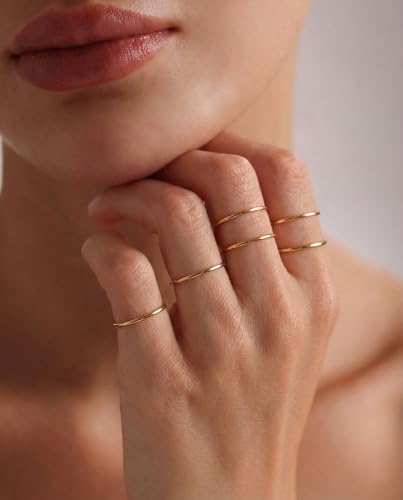 ALEXTINA 1mm Stainless Steel Stacking Rings for Women Thin 14K Gold Plated Band Rings Non Tarnish Stackable Knuckle Rings Thumb Pinky Midi Rings Comfort-Fit Size 4/5/6/7/8/9 - style: Domed