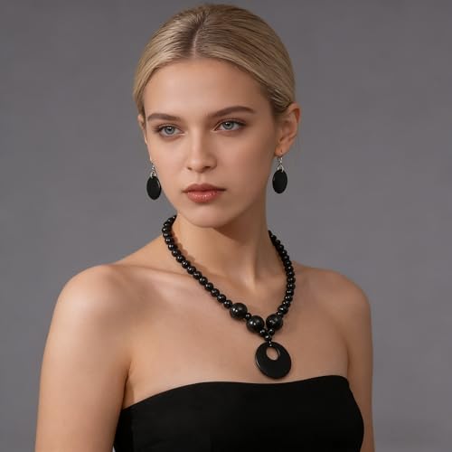 LOTSOF Boho Wooden Beaded Necklace and Earring Set for Women, Bohemian Chunky Statement Costume Jewelry, Round Drop Pendant Retro Ethnic Accessories Ladies Gift - color: Black