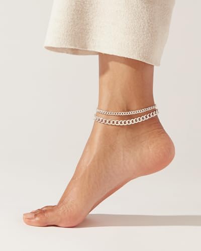 Robaice Adjustable Ankle Bracelets for Women Waterproof, Non Tarnish Sterling Silver Plated Cuban Link Anklets Set, Silver Anklets Gift for Women