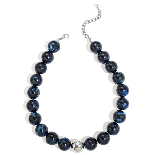Chunky Beaded Choker Necklace for Women Boho Statement Necklace with Large Pearl Blue Brown Tone Resin Beads Summer Beach Jewelry Gifts - color: Montana Blue