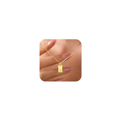 LOVECOM 925 Sterling Silver Initial Necklaces for Women Daughter | Dainty 14k Gold Plated Letter Name Square Pendant Necklace A-Z Personalized Tag Charm Chain Jewelry Birthday Gifts for Mother - color: Gold E