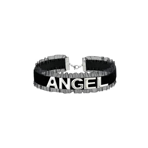 Women's Black Velvet Lace Letter Choker Collar for Halloween, 15-inch | Made of Velvet Lace Ribbon and Silver Letter Charms, Lobster-claw Closure, Daily Gothic Style, Avoid Water & Perfume - color: ANGEL