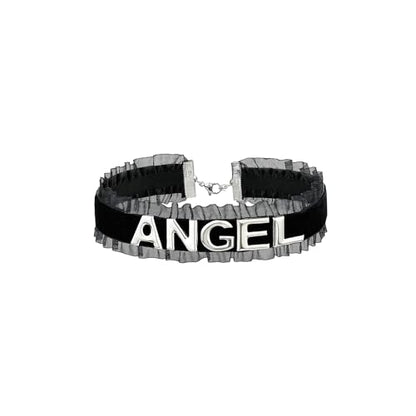 Women's Black Velvet Lace Letter Choker Collar for Halloween, 15-inch | Made of Velvet Lace Ribbon and Silver Letter Charms, Lobster-claw Closure, Daily Gothic Style, Avoid Water & Perfume - color: ANGEL