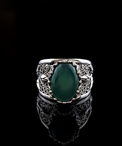 Filigranist 925 Sterling Silver Filigree Art Lace Embroidery Tulip Detailed Gemstone Women Cocktail Ring, Luxurious Gift Boxed - color: Green Agate