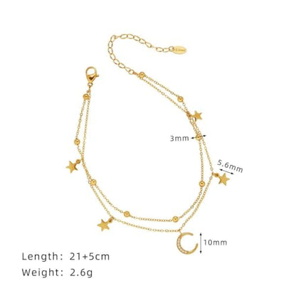 Layered Star and Moon Anklet for Women Waterproof Titanium Steel | Adjustable Gold/Silver Ankle Bracelet for Everyday Wear, Shower Safe Celestial Jewelry Gift, Dainty Summer Beach Foot Jewelry - color: Gold