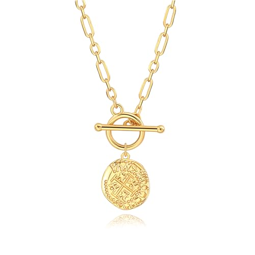 18k Gold Plated Chain Link Necklace for Women, Baroque Pearl/Compass Pendant Necklace - color: Coin Cross