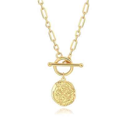 18k Gold Plated Chain Link Necklace for Women, Baroque Pearl/Compass Pendant Necklace - color: Coin Cross