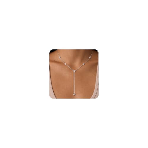 Lariat Necklace for Women, Dainty 14K Gold/Silver Plated Long Necklaces for Women Trendy Simple Layered Y-Shaped Pendant Necklace Adjustable Fashion Jewelry Gift - color: Silver, style: CZ Y Necklace