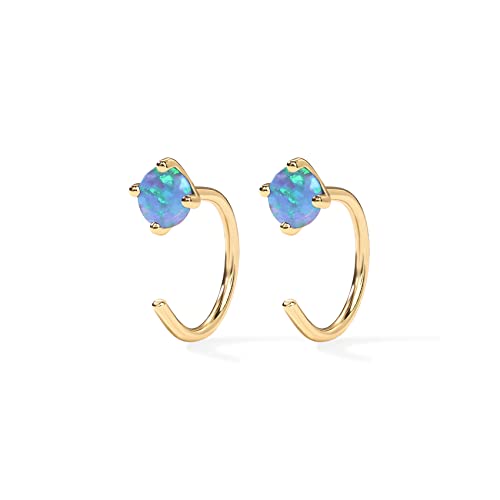 PAVOI 14K Gold 925 Sterling Silver Huggie Half Hoop Earrings for Women | Tiny Boho Colored Cartilage Earring | Blue, Green, Amethyst, Garnet, Black CZ, Turquoise, Opal, Pearl - style: Opal