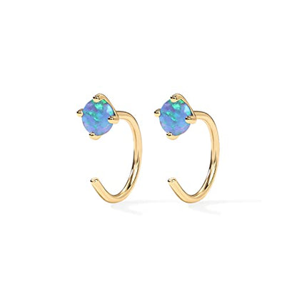 PAVOI 14K Gold 925 Sterling Silver Huggie Half Hoop Earrings for Women | Tiny Boho Colored Cartilage Earring | Blue, Green, Amethyst, Garnet, Black CZ, Turquoise, Opal, Pearl - style: Opal