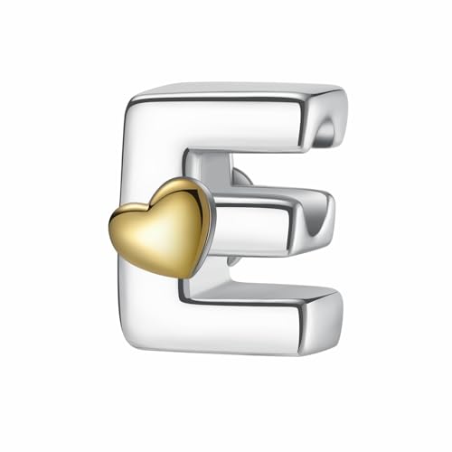A~Z Alphabet Charm Letter Beads 925 Sterling Silver with Heart-shaped 5A Cubic Zircon Stones fits Pandora European Bracelets Necklace Jewelry Gift for Women - style: E Letter Charms