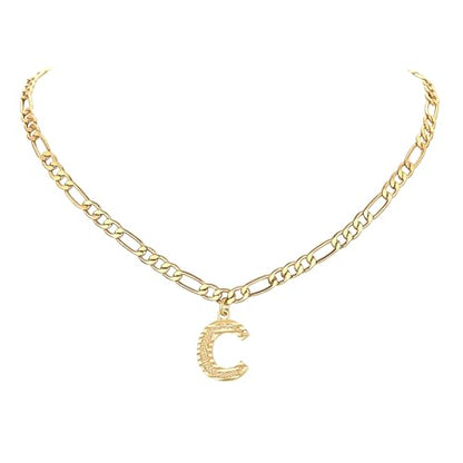 14K Gold Plated Initial Necklaces for Women Men A-Z Letter Necklaces | Figaro Chain, 16"+2" Adjustable Length, with Gift Box - style: C