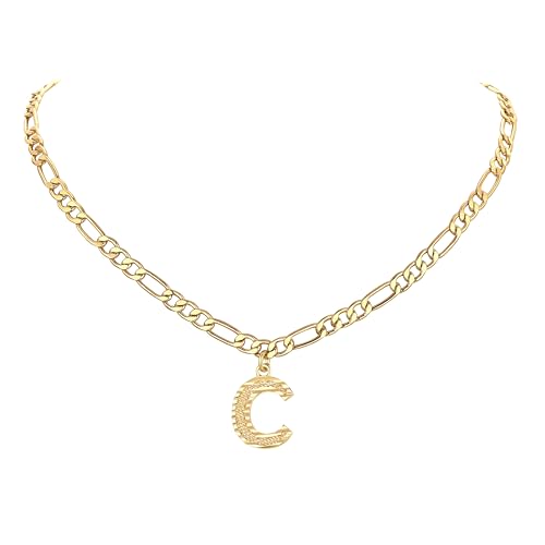 14K Gold Plated Initial Necklaces for Women Men A-Z Letter Necklaces | Figaro Chain, 16"+2" Adjustable Length, with Gift Box - style: C