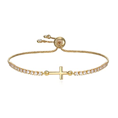 FANZE Gold Plated Cubic Zirconia Tennis Bracelets for Women Dainty Trendy Adjustable Bracelet Jewelry Gift for Ladies Wedding Mother Birthday Anniversary - style: Cross