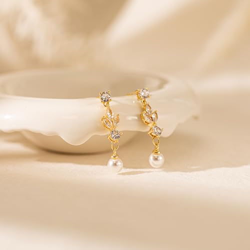 Plenky Pearl Earrings-14K Gold Plated Dainty Pearl Drop Simple Wedding CZ Dangle Dangling Cute Stud Earrings for Brides Earrings for Women Gifts - style: 3 Leaf Pearl Earrings
