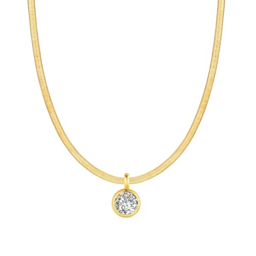Birthstone Gold Collar Necklace, 14K Gold Herringbone Choker Necklace, Snake Chain Necklace for Women