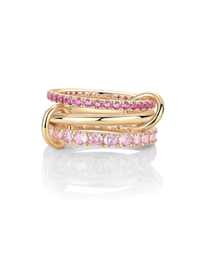 PAVOI 14K Gold Plated Interlocking Ring for Women - Chunky Connected Bands Interlock Stackable Rings for Women - Trendy Cubic Zirconia Two Tone Interlocked Multi-Band Statement Jewelry - style: Chunky Bands & Fuschia CZ - Yellow Gold