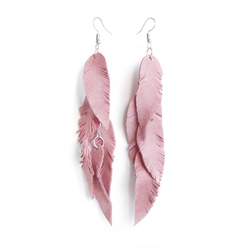 Leather Feather Earrings, Suede layered earrings, boho wedding jewelry, summer earrings, gift for her, dangle earrings - color: light pink