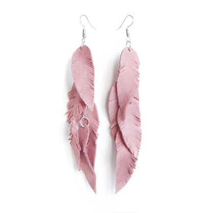 Leather Feather Earrings, Suede layered earrings, boho wedding jewelry, summer earrings, gift for her, dangle earrings - color: light pink