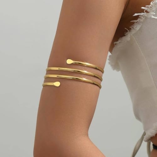 ItsStarred Minimalist Arm Cuff Gold Plated, Upper Arm Cuff Bangle Bracelet for Women, Adjustable Arm band Set 6 Pieces - color: B: Gold Plated Flower & Sun