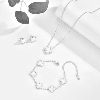 Clover Necklace Bracelet and Stud Earrings Jewelry Sets for Women | 18K Gold Plated Stainless Steel, Black/White Four Leaf Clover set,Christmas Birthday Lucky Gifts for Mom Wife Girlfriend - color: Silver White 3PCS