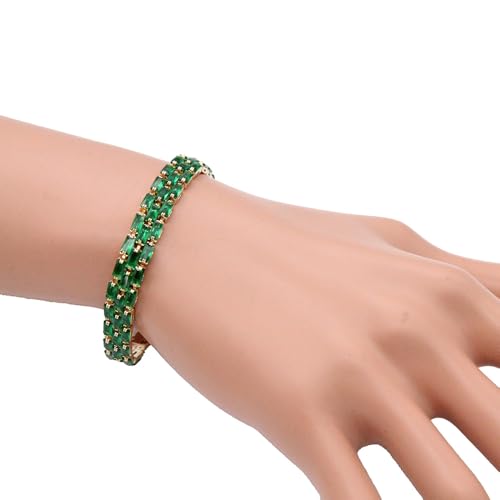 Tennis Bracelet, 13mm Width, Black Cubic Zirconia, Gold Plated Brass, 7 Inch Length, 11 Grams - color: Gold Green