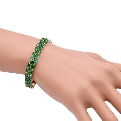 Tennis Bracelet, 13mm Width, Black Cubic Zirconia, Gold Plated Brass, 7 Inch Length, 11 Grams - color: Gold Green