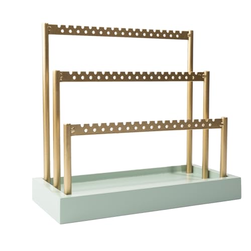 SANY DAYO HOME 3-Tier Earring Holder Organizer Stand, 105 Holes Gold Metal Earring Rack Jewelry Display Tree with Sage Green Wood Tray for Women and Girls - color: Gold Rack Green Base