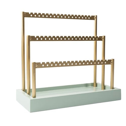 SANY DAYO HOME 3-Tier Earring Holder Organizer Stand, 105 Holes Gold Metal Earring Rack Jewelry Display Tree with Sage Green Wood Tray for Women and Girls - color: Gold Rack Green Base