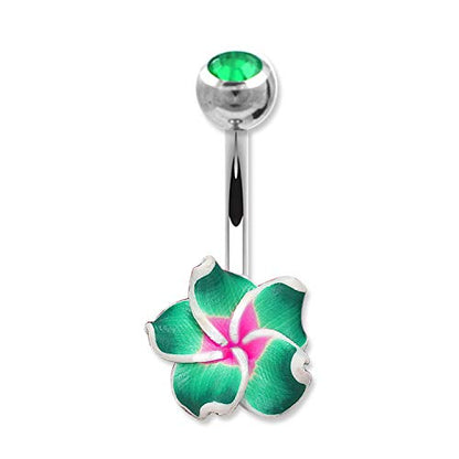 Assorted Set 14 Gauge 3/8 Inch 316L Surgical Steel Barbell Belly Button Navel Rings Dangles Boho Hawaiian Plumeria Flower - style: 4 Belly Rings