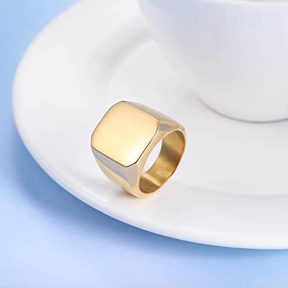 INBLUE Personalized Engraved Initial Monogram Signet Rings for Man Women Stainless Steel Rings Customize Jewelry with Ring Size Adjuster - color: Gold: Blank