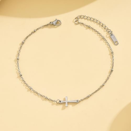 NONAMOIS Ankle Bracelets for Women Dainty 18K Gold Plated Anklet Waterproof Round Beaded Paperclip Herringbone Pearl Chain Anklets Waterproof Beach Foot Jewelry - color: Satellite Cross-White Gold