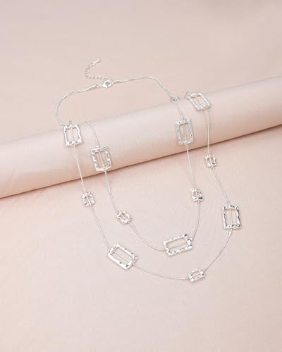 Silver Chunky Statement Necklaces Long Layered Necklaces for Women - color: silver