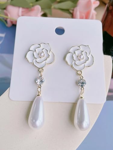 Gold Flower Dangle Earrings for Women Elegant Floral Drop Statement Jewelry Long Tassel Earrings - color: C-silver pearl Flower Earrings
