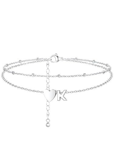 Ankle Bracelets for Women Waterproof 14K Gold/Silver/Black Initial Anklet for Women Dainty Layered Heart Ankle Bracelets Stainless Steel Adjustable Foot Chain Anklet Summer Beach Jewelry - color: K-Silver