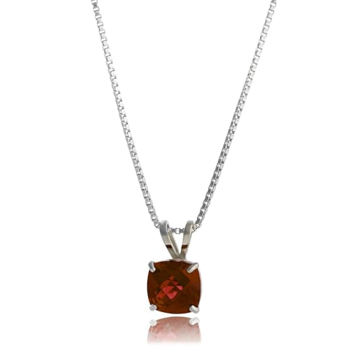 MAX + STONE 925 Sterling Silver Cushion Cut Birthstone Necklace for Women | 6mm Hypoallergenic Solitaire Necklace | Gemstone Pendant Necklaces with 18 inch Box Chain - color: Garnet