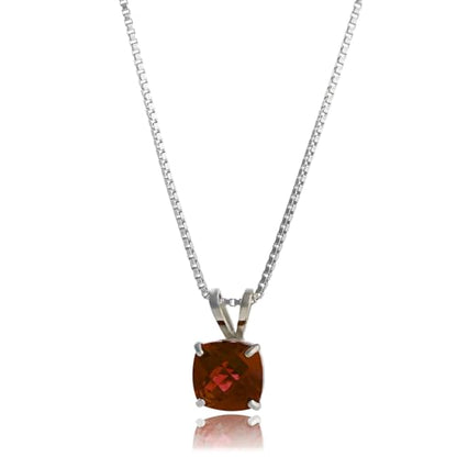 MAX + STONE 925 Sterling Silver Cushion Cut Birthstone Necklace for Women | 6mm Hypoallergenic Solitaire Necklace | Gemstone Pendant Necklaces with 18 inch Box Chain - color: Garnet