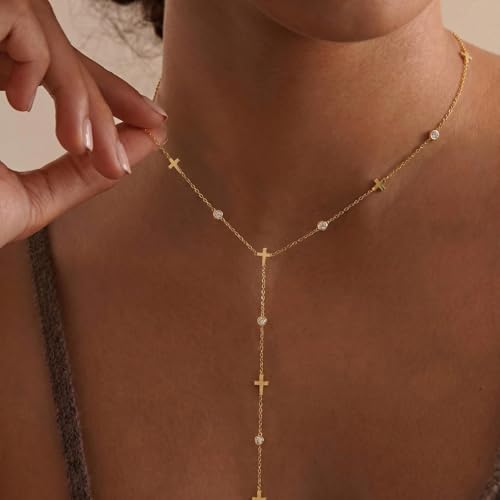 RINHOO Long Lariat Necklace for Women 18K Gold Plated Stainless Steel | Y-Drop Lariat Design, 18K Gold Hypoallergenic, Non-Tarnish V-Neck Layering, Wedding Prom Gift - color: Gold-Cross